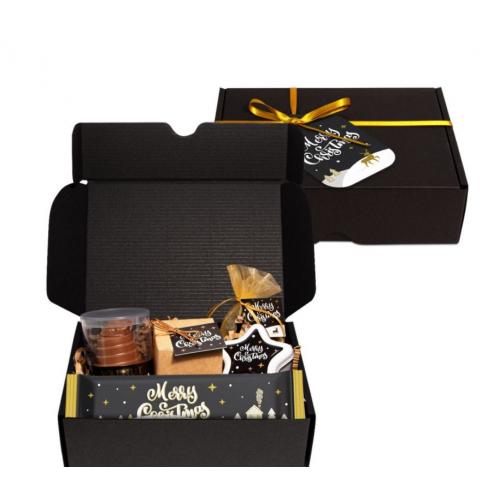Midi Black Postal Box - 1 12 Baton Chocolate Bar,  Walnut Whirl, Cube Of Signature Cocoa Bean Truffles,  1 Tin Foiled Chocolate Balls, Organza Bag Chocolate Coins